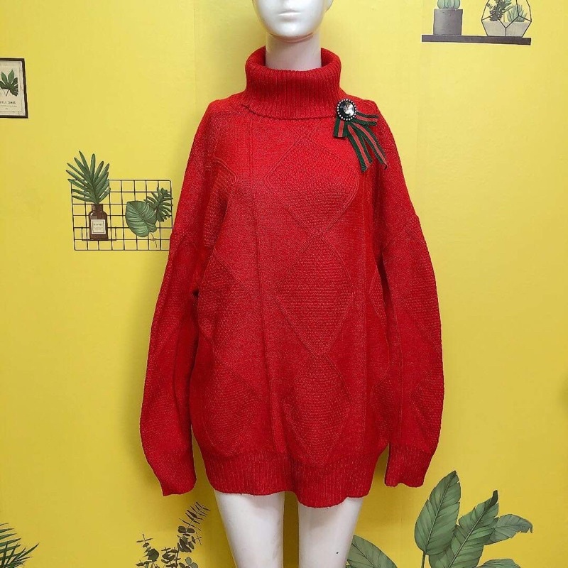 áo len đỏ gân cổ lọ cột nơ