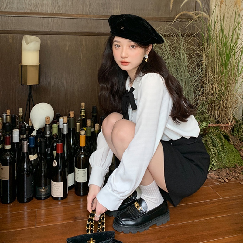 Áo Sơ Mi Trắng Tay Dài Cổ Thắt Nơ Phong Cách Hàn Quốc Thời Trang Cho Nữ