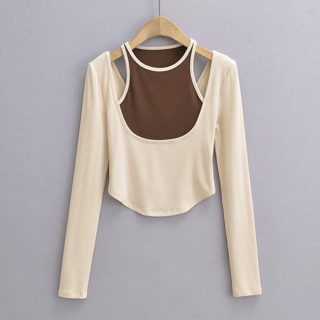 Áo kiểu nữ dài tay vạt bầu phối yếm siêu xinh- Ringu shop