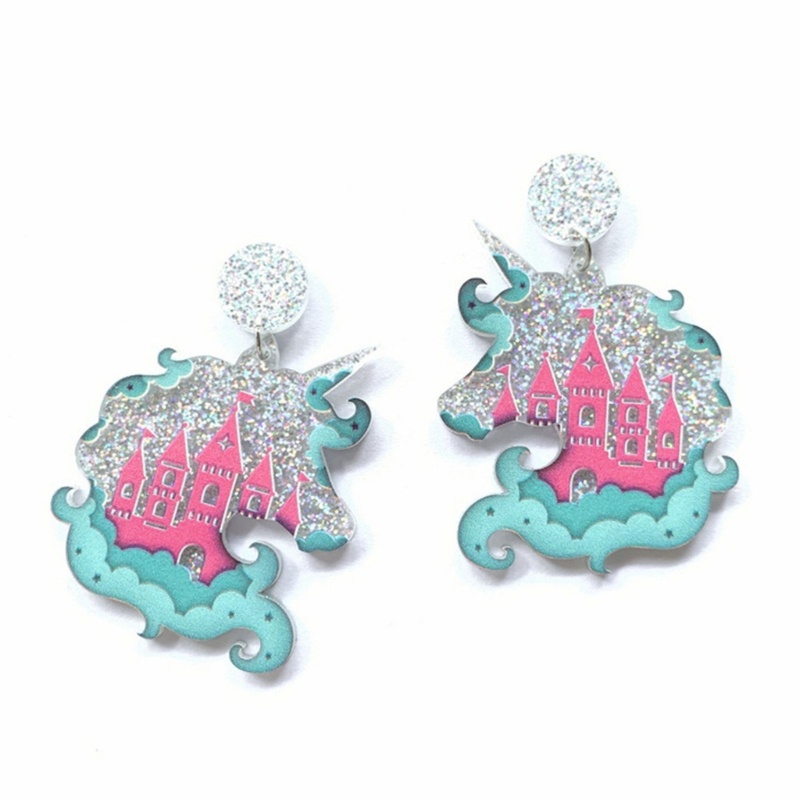 Flgo Bông Tai Acrylic Họa Tiết Kỳ Lân Hoạt Hình Nhiều Màu Sắc Lấp Lánh