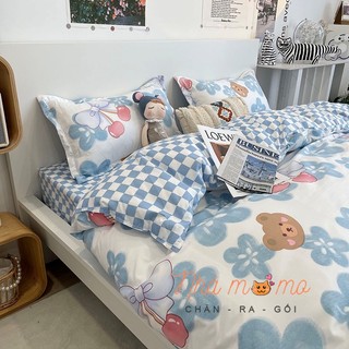 Bộ Chăn Ga Gối Cotton Poly Họa Tiết Gấu Và Hoa xanh _Nha Momo