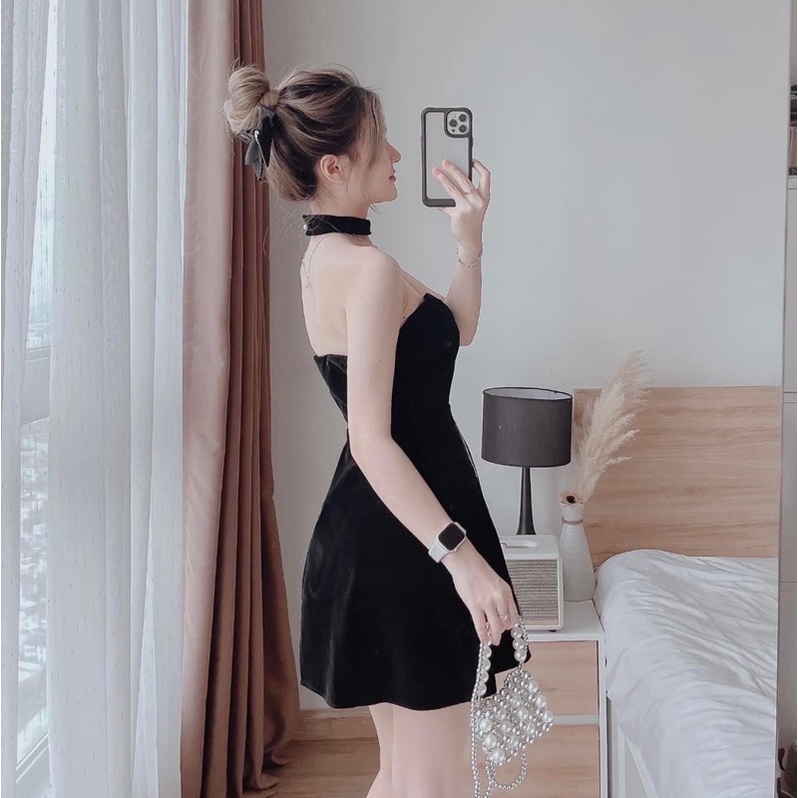 Bộ đầm ống cup ngực nhung kèm vòng cổ shop nina le