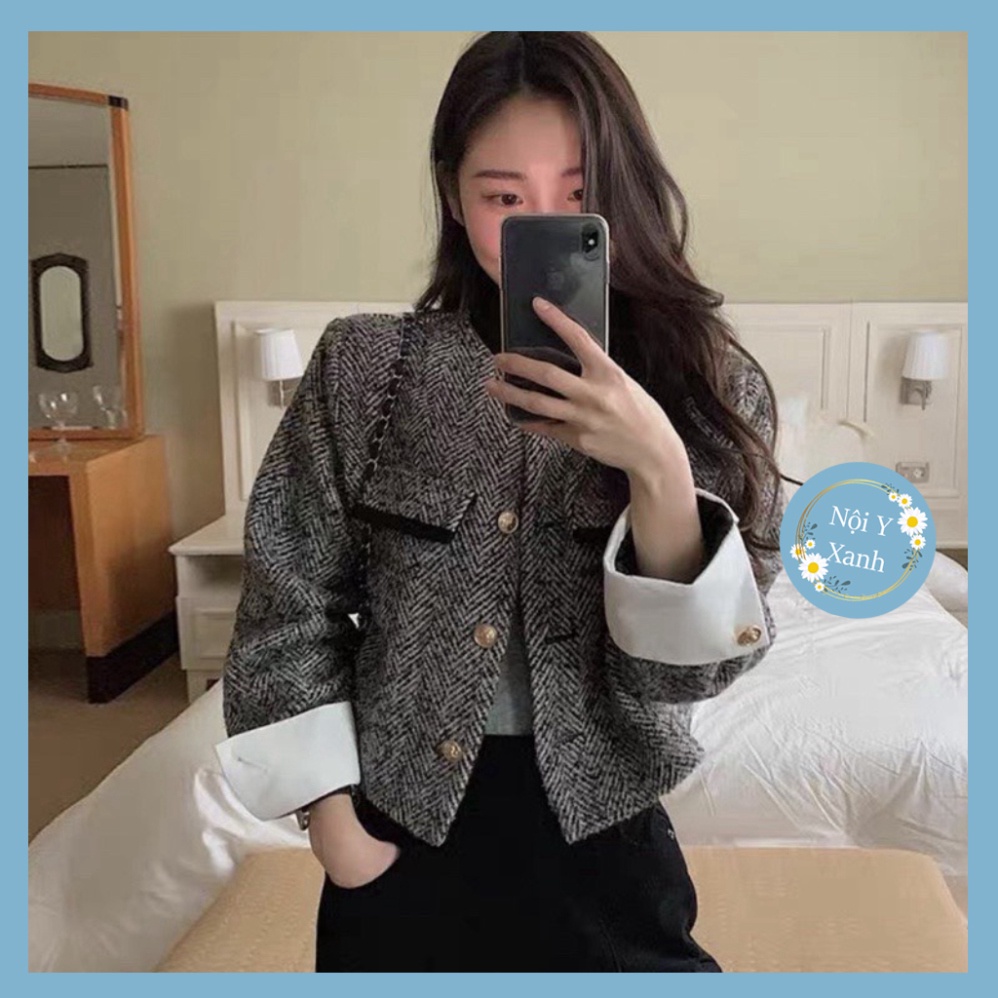 áo khoác dạ twee 2 lớp dáng croptop phối trắng tay cúc đồng vương quyền  A12 Nội Y Xanh hot trend thu đông ấm áp