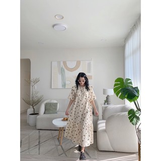 HOA - Đầm trắng hoa nâu linen vintage