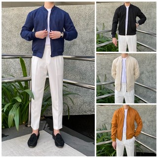 Áo khoác nam bomber da lộn tay bo chun