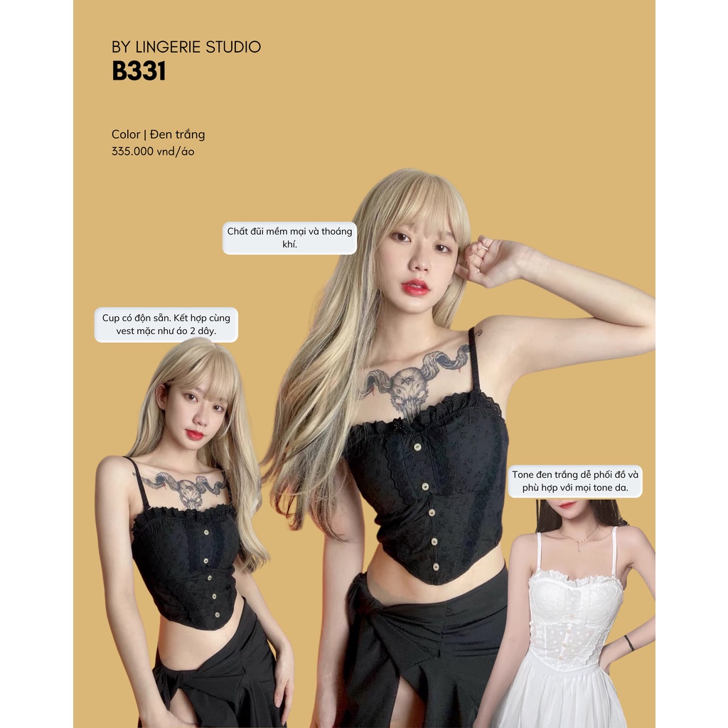 Áo lót corset ren nữ BY LINGERIE màu trắng và đen không gọng mút mỏng B331