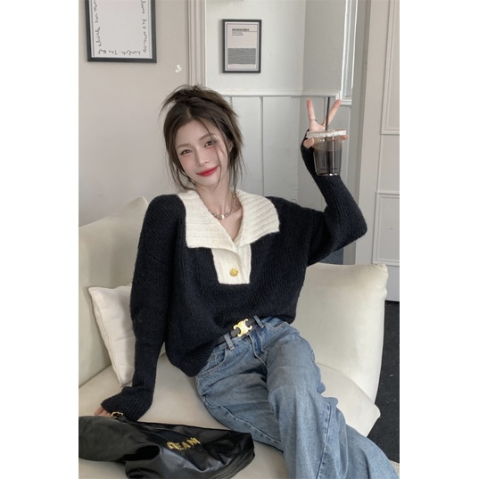 Áo sweater NZN dệt kim dáng rộng màu tương phản thời trang thu đông cho nữ