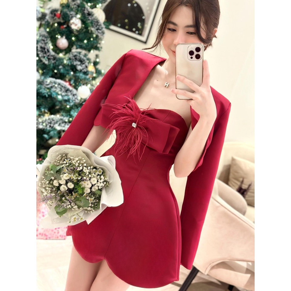 Đầm tiểu thư dự tiệc sang chảnh, đầm nữ dáng xòe hàn quốc cúp ngực kèm khoác chất vải tapta cao cấp