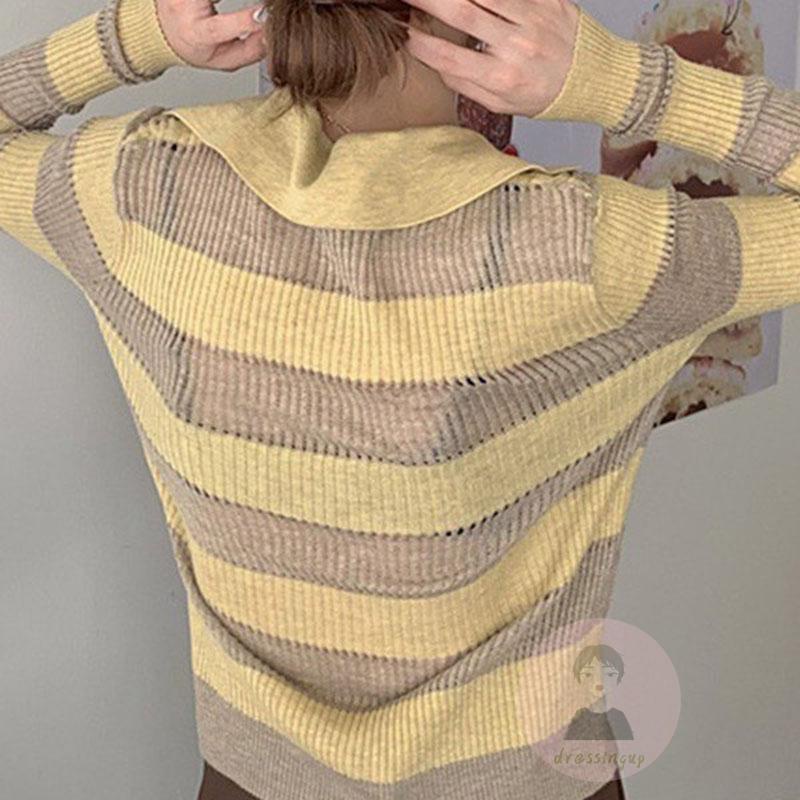 Áo Thun Dệt Kim Tay Dài Cổ Bẻ Họa Tiết Kẻ Sọc Màu Tương Phản Thời Trang Cho Nữ