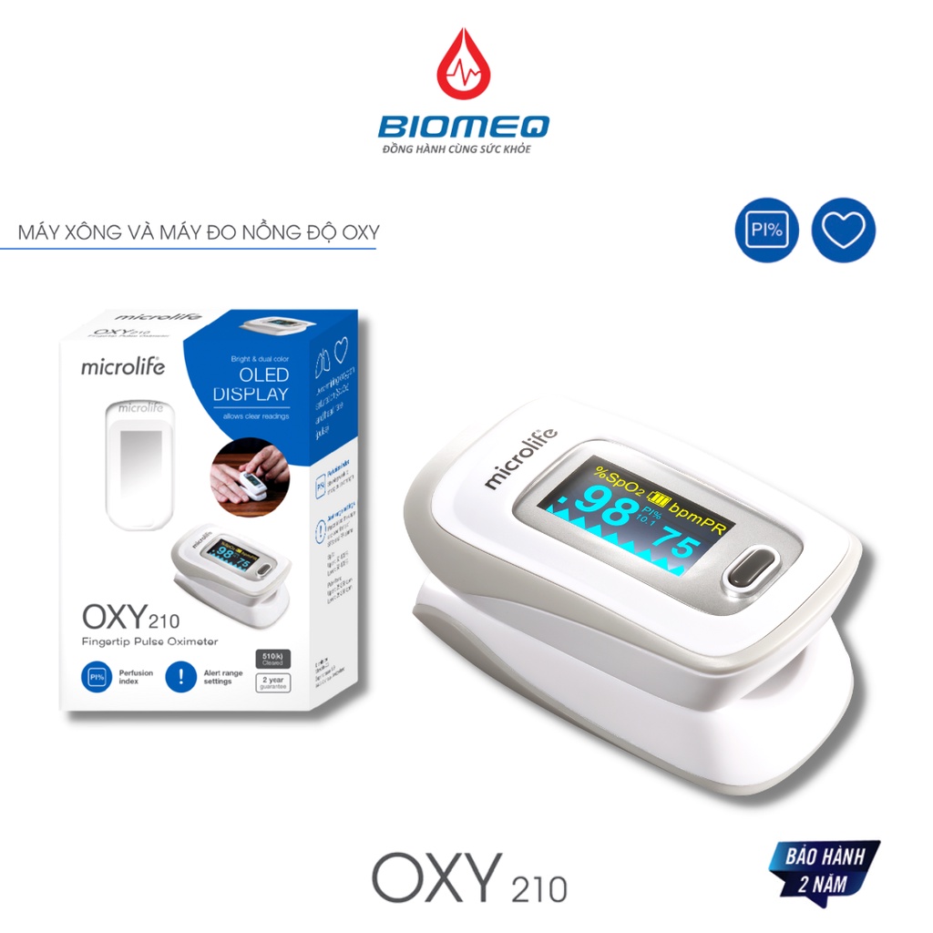 Máy đo nồng độ oxy trong máu SPO2 và nhịp tim Microlife Oxy 210 thế hệ mới với màn OLED 6 chế độ hiển thị