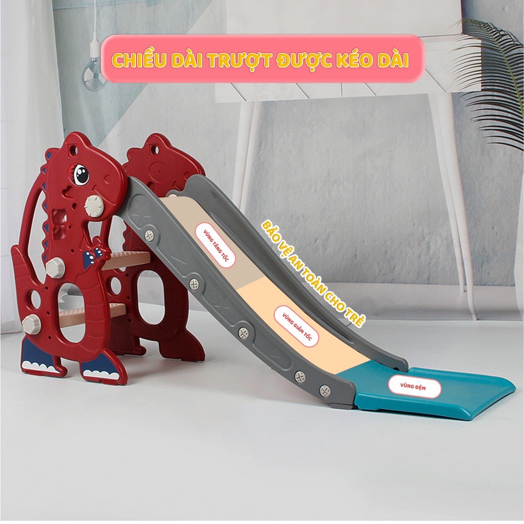 Cầu trượt khủng long cho bé từ 1-6 tuổi, tặng kèm khung bóng rổ và bóng, bảo hành 12 tháng