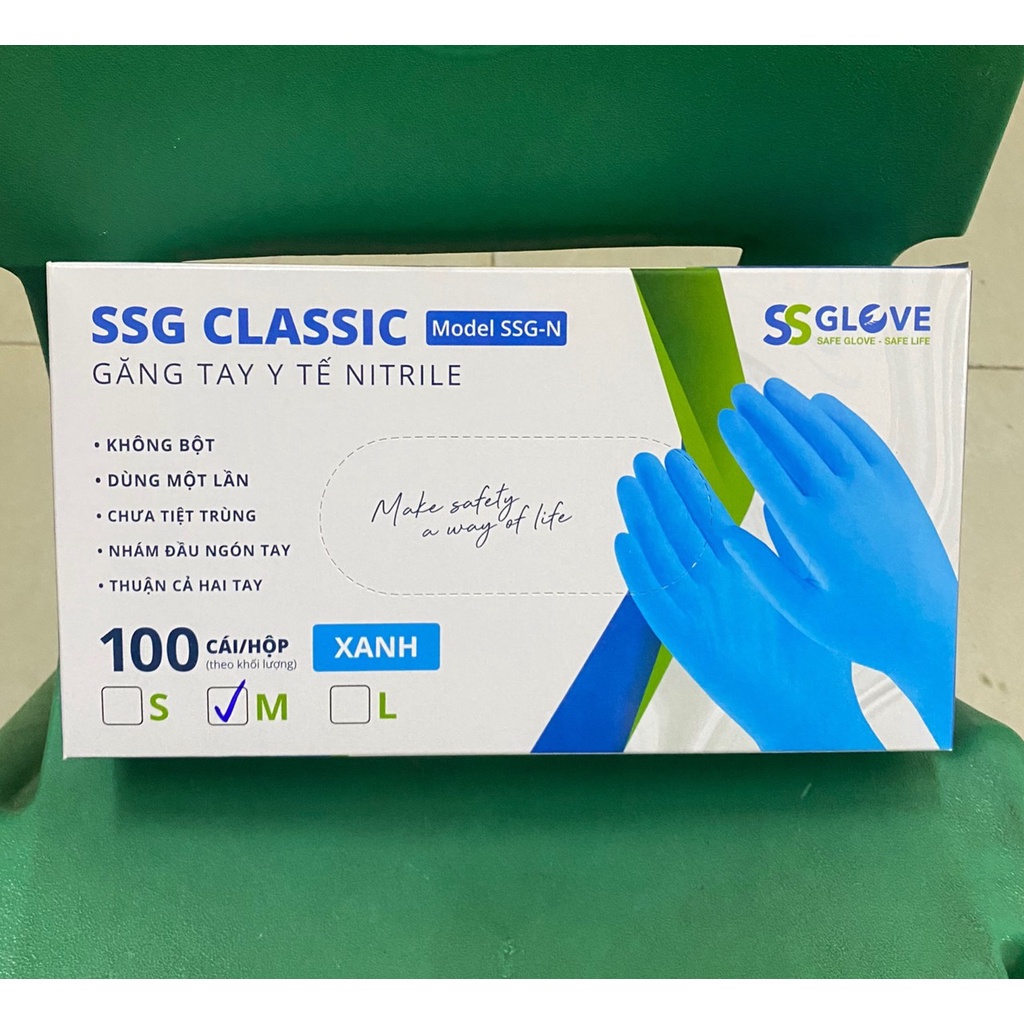 Găng tay y tế không bột Nitrile màu xanh