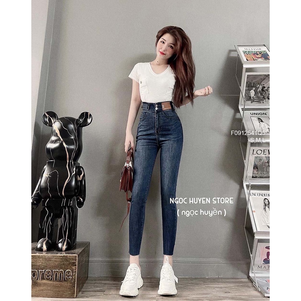(kèm hình chụp thật) Quần jean ôm dáng dài lưng cao 2 nút gắn mác da siêu tôn dáng!