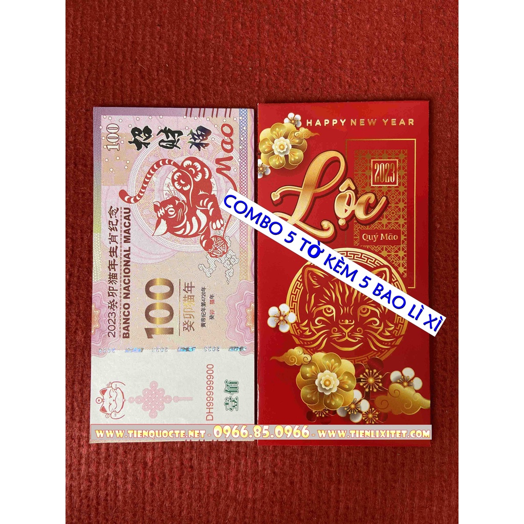 [TẾT 2023] Combo 5 Tờ tiền lưu niệm 100 Macao hình con mèo lì xì tết Quý mão