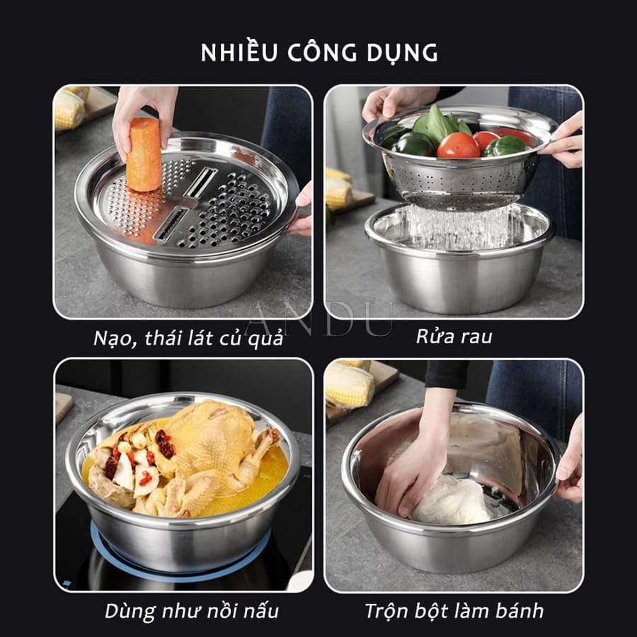 Bộ Bào Nạo Rau Củ Kiêm Rổ Và Chậu Inox Cao Cấp Đa Năng 3 Chi Tiết Siêu Tiện Dụng