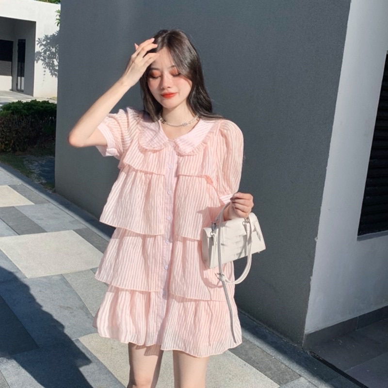 Đầm sơ mi kẻ sọc tông Hồng