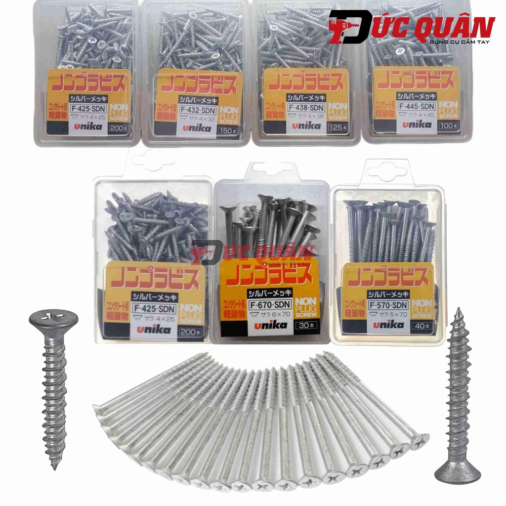 Ốc vít bắt tường, bê tông ( không cần dùng tắc kê, đầu bằng Unika F