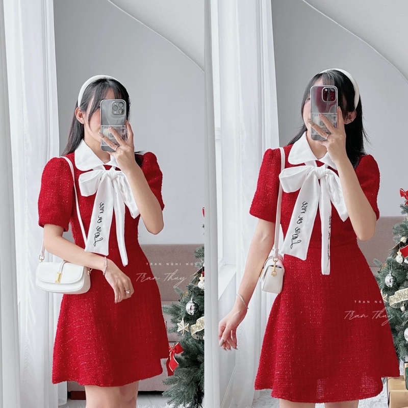 Váy Dạ Đỏ Nơ Trắng Hàng 2 Lớp, Váy Dạ Tweed Cổ Nơ Tiểu Thư