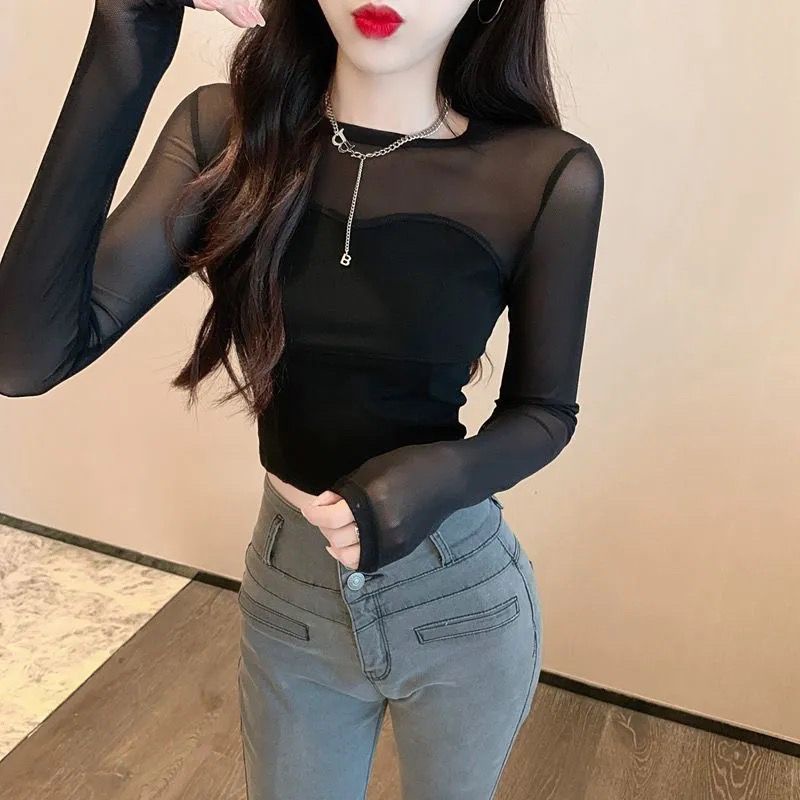 Áo Thun Lưới Tay Dài Dáng Ôm Ngắn Màu Đen Thời Trang 2022 Cho Nữ