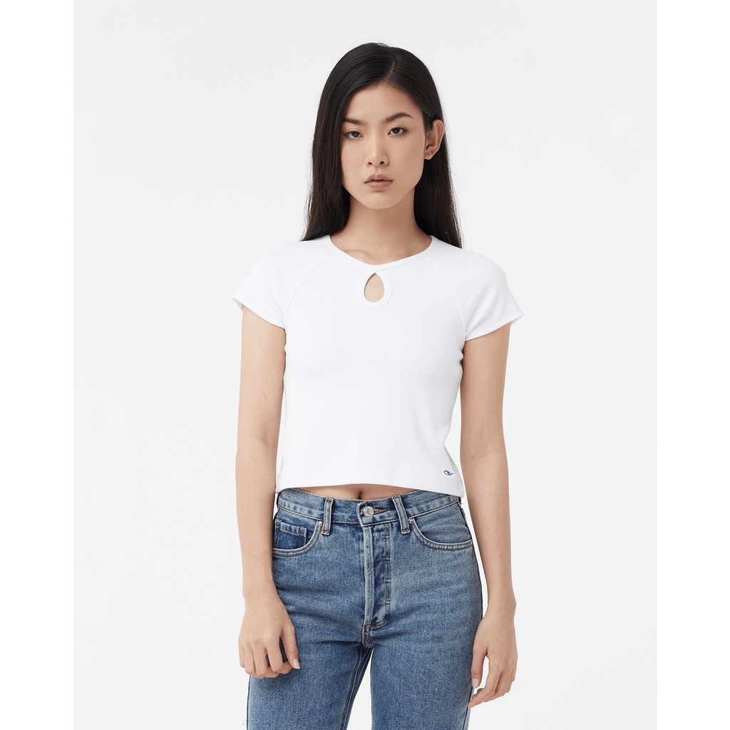 TheBlueTshirt - Áo Thun Nữ Thiết Kế Khoét Cổ Màu Trắng - Sunday Funday Rib Tee - White