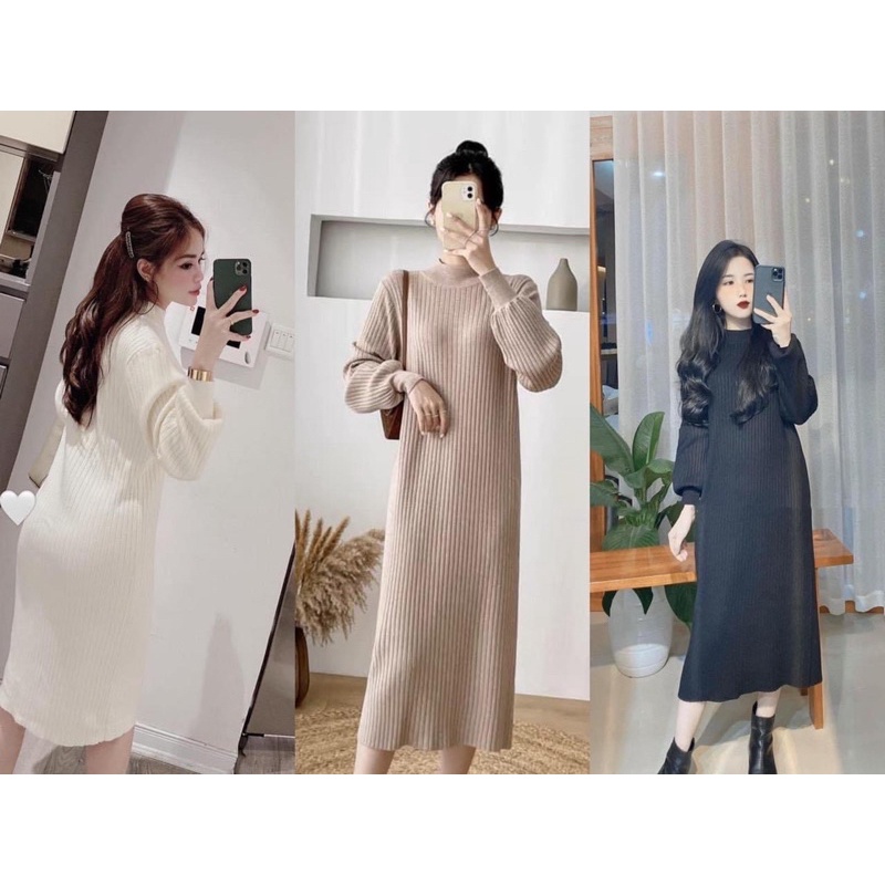 Váy len nữ tay bồng dáng xuông dài thời trang nhiều màu - Đầm len gân cổ tròn dáng dài quảng châu