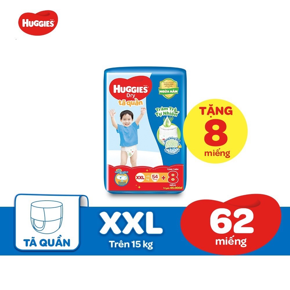 (Mẫu mới) Tã Quần Huggies Tràm Trà Tự Nhiên Dry M76/L68/XL60/XXL54 + Tặng 8 miếng