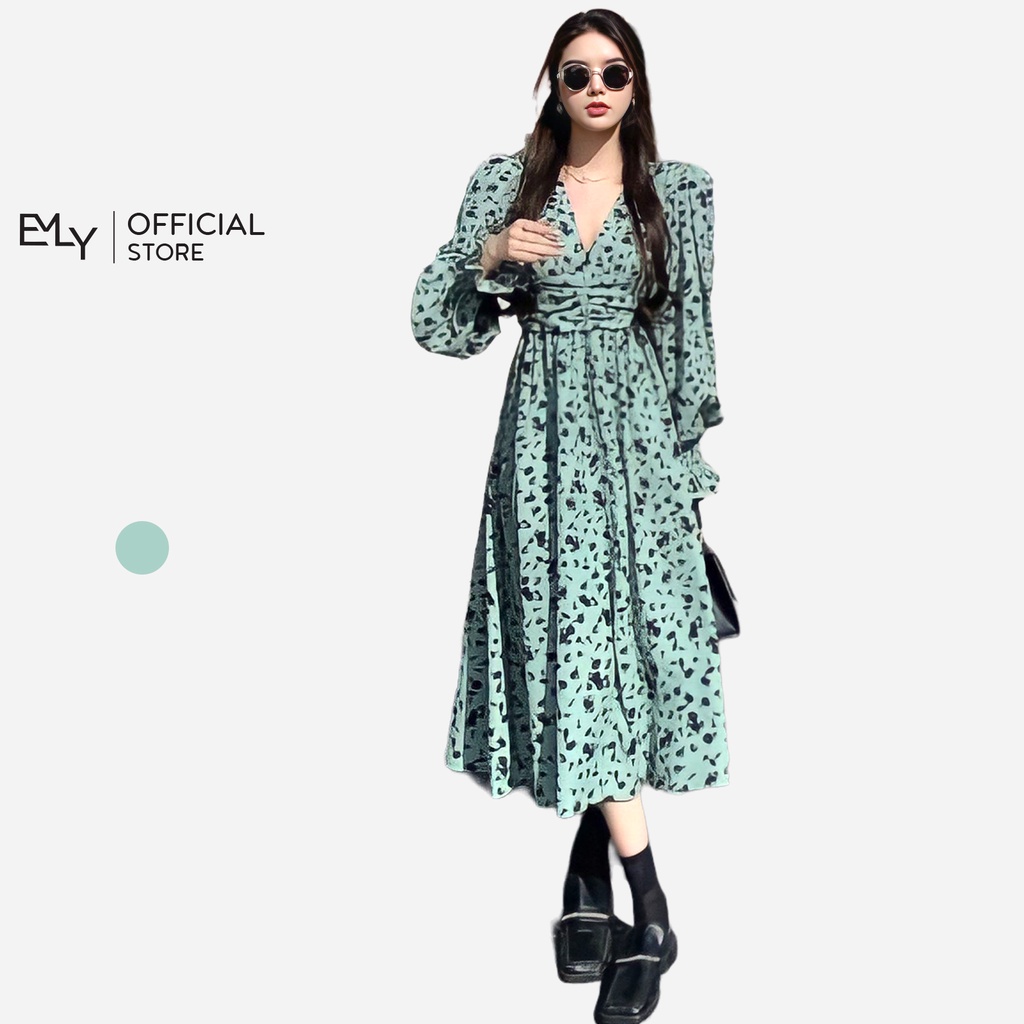 Đầm dáng xòe cổ v tay dài Emilyshop ulzzang