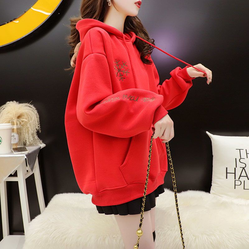 👗Trang phục Junyi💗Áo Hoodie Lót Lông Cừu Dày Dặn Màu Đỏ Giáng Sinh Plus Size Cho Nữ
