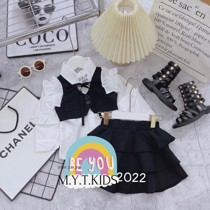 Set 3 Chi Tiết Bé Gái áo sơ mi kèm cv và áo vest sành điệu Mytkids
