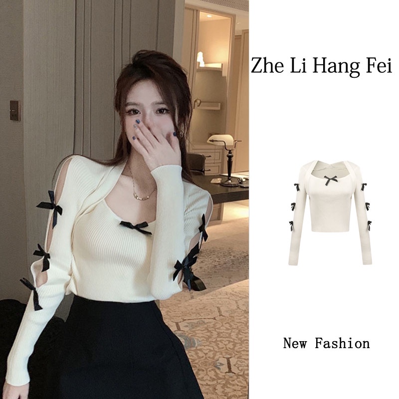 Áo sweater ZHELIHANGFEI dệt kim tay dài phối nơ thiết kế quyến rũ thời trang