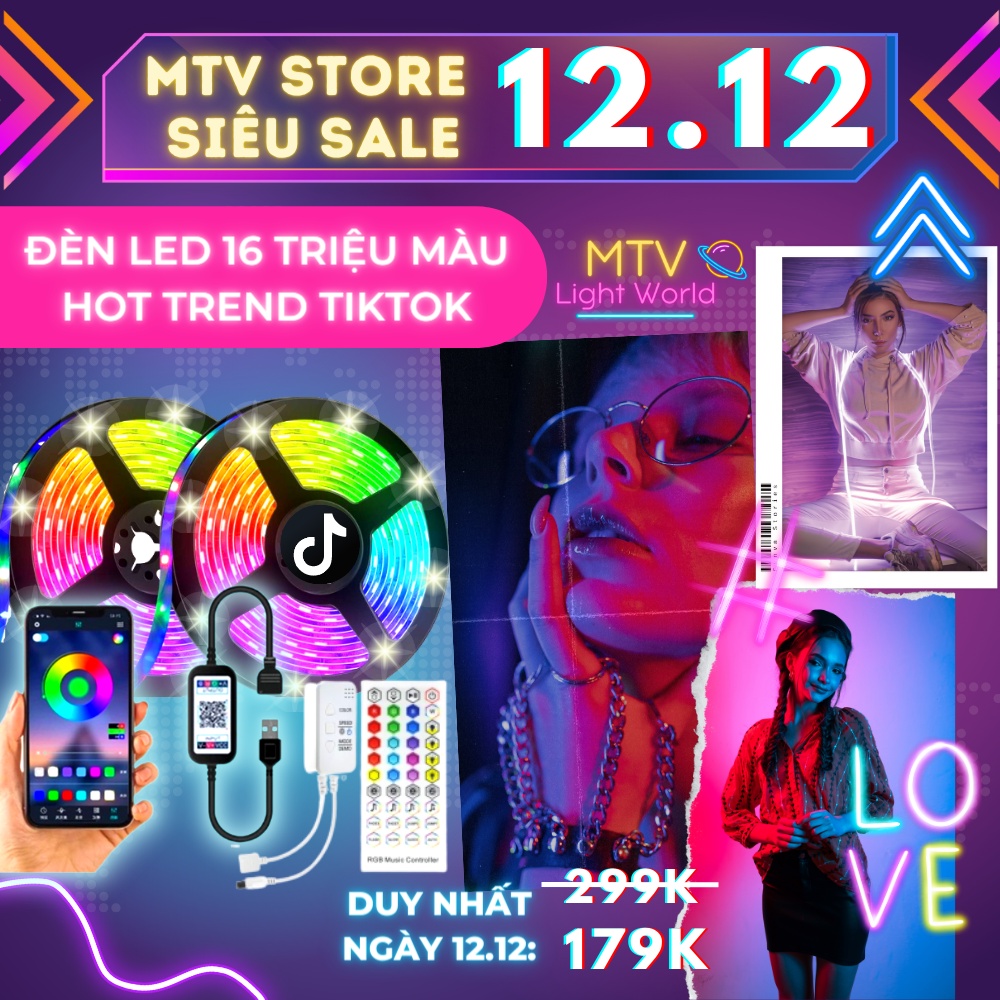 Đèn led trang trí, đèn decor phòng ngủ RGB 5050 16 triệu màu, khiển APP