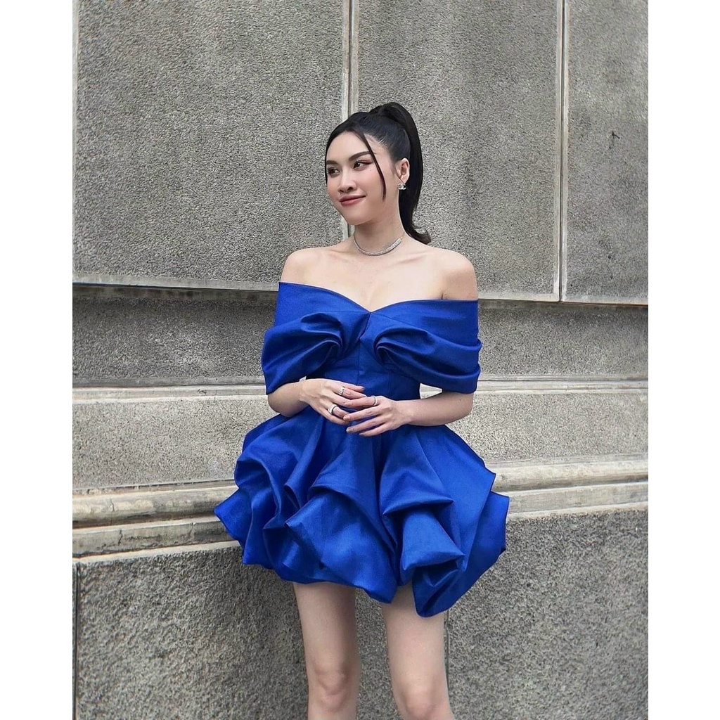 Đầm váy dự tiệc taffta tùng xòe dún bí bẹt vai sang trọng