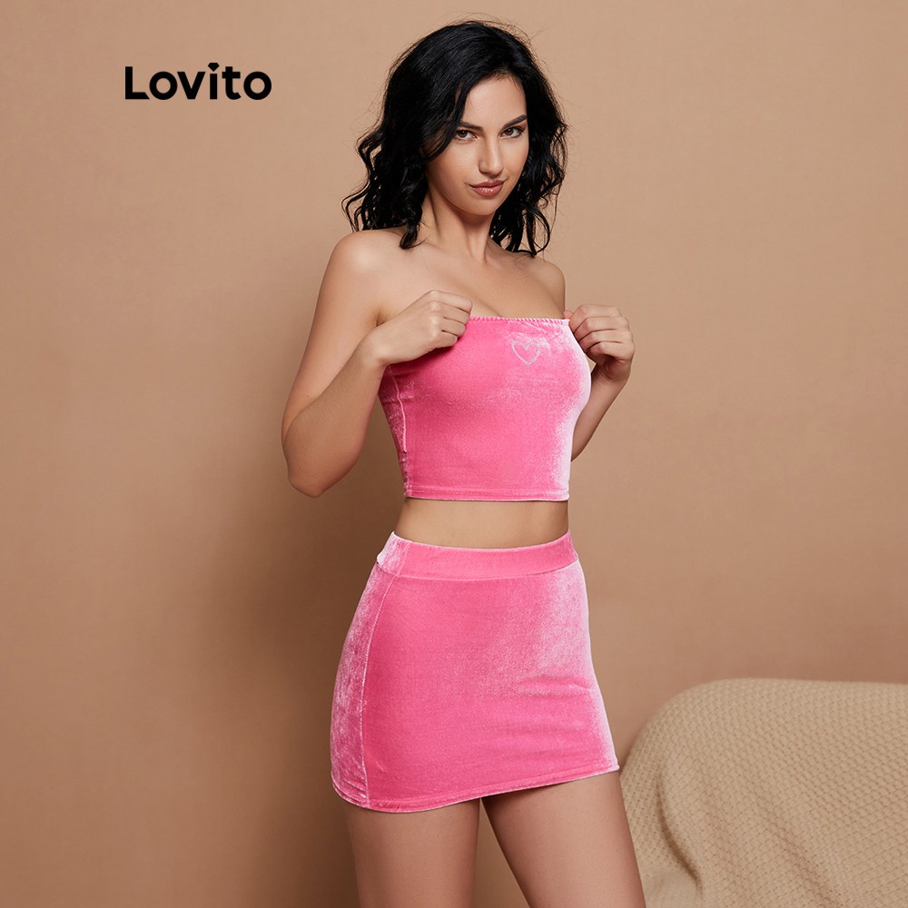 【Gợi ý từ KOL】Bộ áo + chân váy Lovito in hình trái tim dễ thương phối dây buộc ôm vừa vặn L14X076 (Màu hồng)