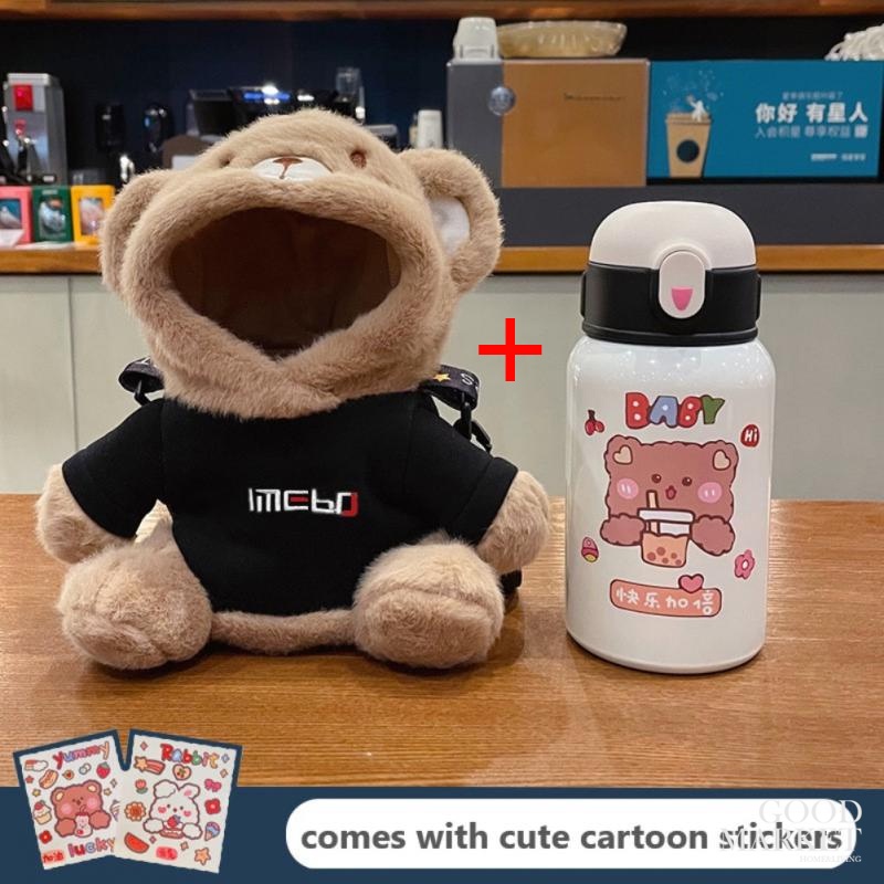 Bình Nước Giữ Nhiệt 450ml Bằng Thép Không Gỉ Hình Gấu Dễ Thương Kèm Ống Hút