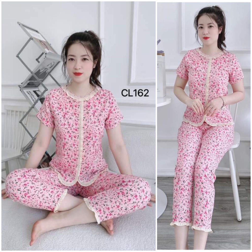 (Bunnysky)Đồ bộ mặc nhà tay cộc xếp bèo xinh vải lụa mềm mịn