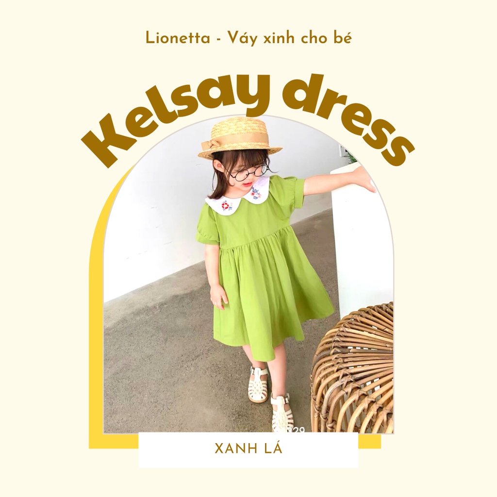 Váy baby doll cho bé Kelsay màu xanh lá chất đũi cara cổ thêu hoa 10-20kg