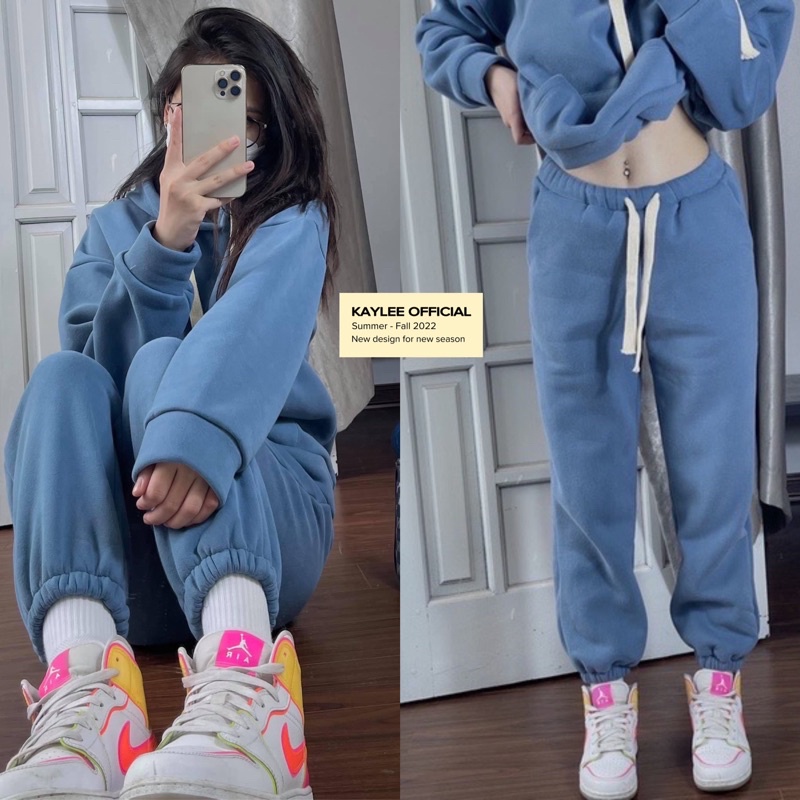 Set bộ hoodie nỉ bông dày dặn form to gồm áo hoodie mix quần jogger ảnh thật Kaylee