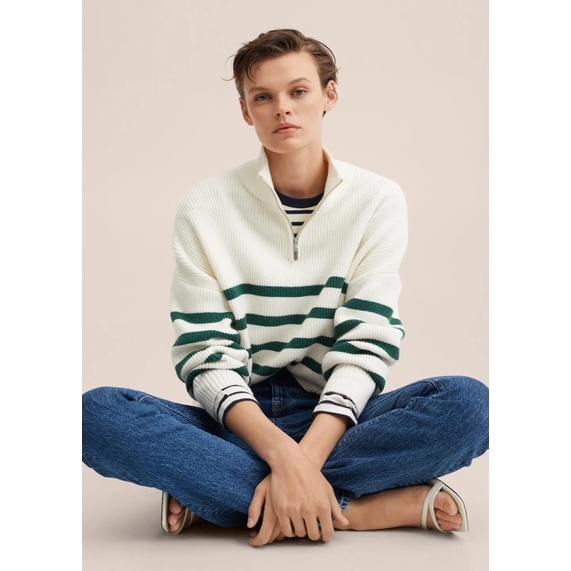 Áo len khoá kẻ xanh MANGO AUTH new tag XS