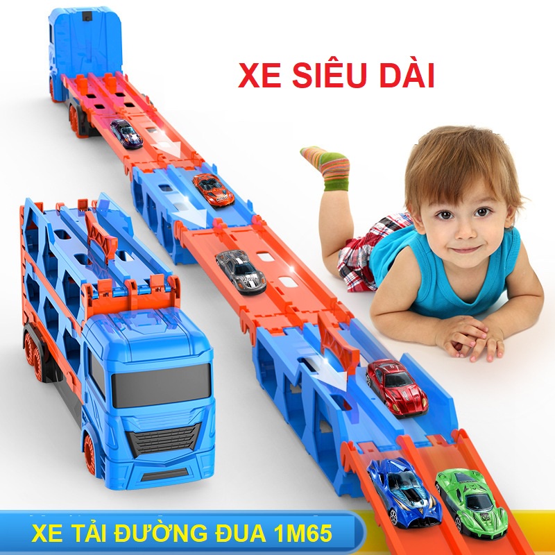 Ô tô đồ chơi xe tải 3 tầng kèm 8 xe đua nhỏ mô hình đường đua xe dài 1.65 - 2m có thể gấp gọn cho bé, quà tặng sinh nhật