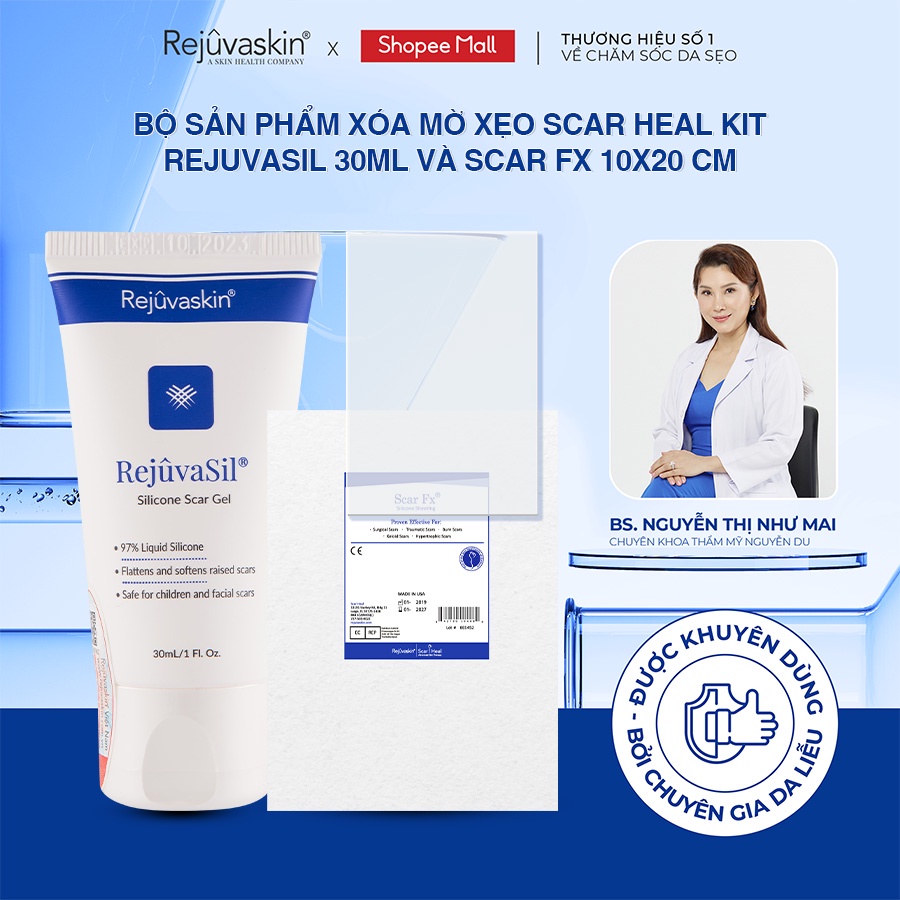 Bộ sản phẩm xóa mờ sẹo lồi REJUVASKIN Scar Heal Kit ( 30ml và 10x20cm)