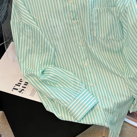 Áo Sơ Mi Tay Dài Kẻ Sọc Xanh Lá Mùa Hè Thu 2023 Phong Cách Lười Phong Cách Mới Cho Nữ