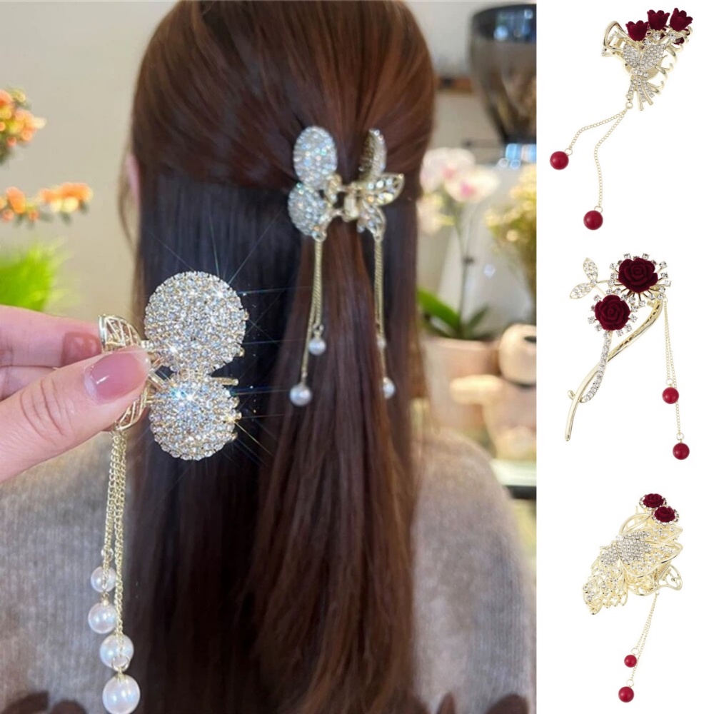 Kẹp Tóc Kim Loại Hình Hoa Bướm Đính Ngọc Trai Màu Đỏ Phong Cách Trung Hoa Mới Cho Nữ