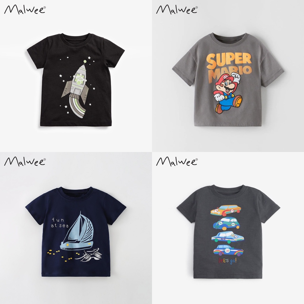 BST áo thun hè cotton Malwee họa tiết ô tô, tàu vũ trụ, thuyền, Mario cho bé 2-7 tuổi Mẫu mới - Little Maven Chính Hãng