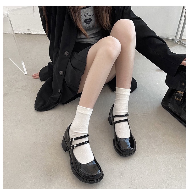 (SẴN HÀNG) Giày cao gót nữ mũi tròn họa tiết 2 dây quai ngang phong cách MARY JANE