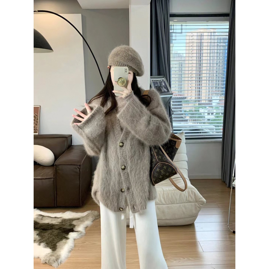 Áo Khoác Cardigan Dệt Kim Dáng Rộng Cổ Chữ V Chất Liệu Mềm Mại Thời Trang