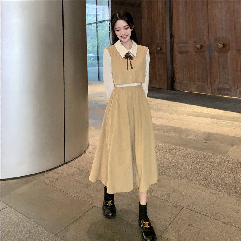 🎀váy babydoll dáng dài váy mùa đông cho nữ váy dài Đầm Giả Hai Mảnh Dáng Dài Phối Nơ Phong Cách Pháp Cổ Điển Mẫu Mới 2022