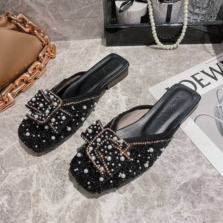 Bán Chạy#Dép Bít Mũi Đế Thấp Đính Đá Phong Cách Mới Cho Nữ