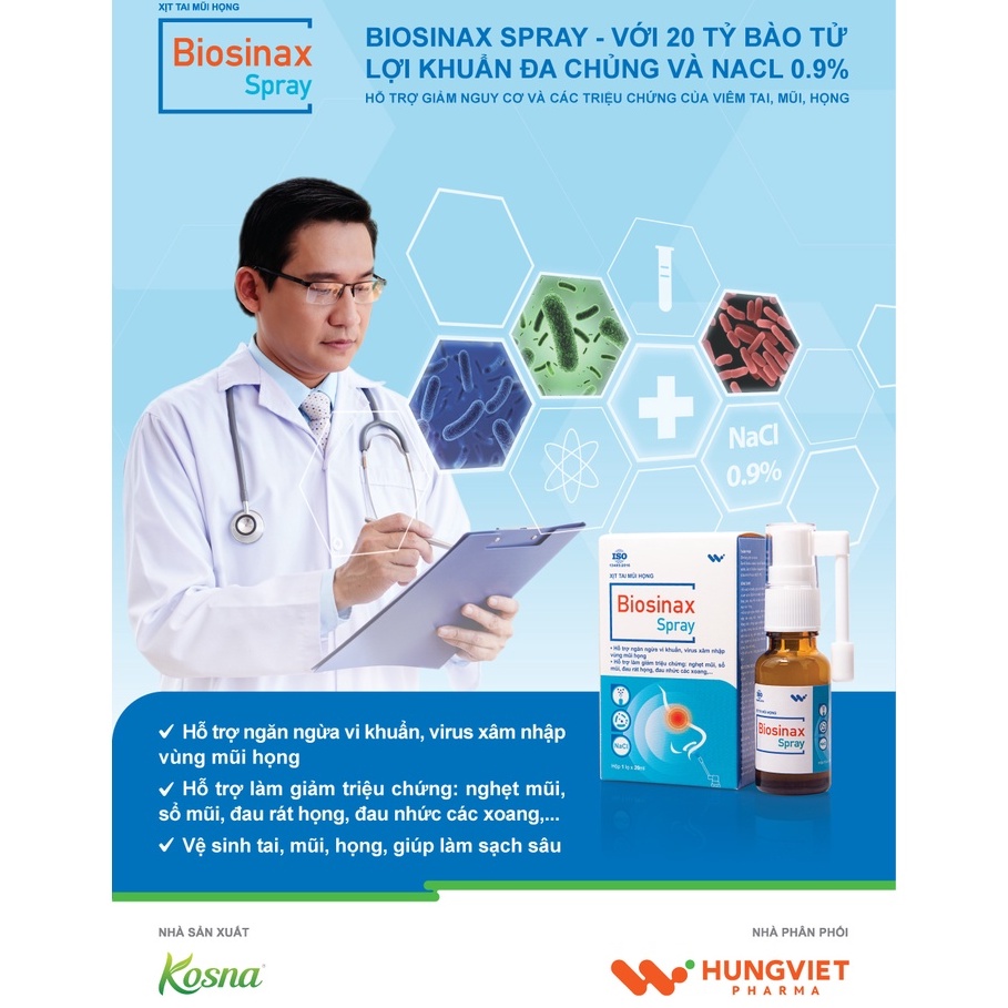 Xịt mũi họng Biosinax Spray, chứa 20 tỷ bào tử lợi khuẩn đa chủng và NaCl, lọ 20ml
