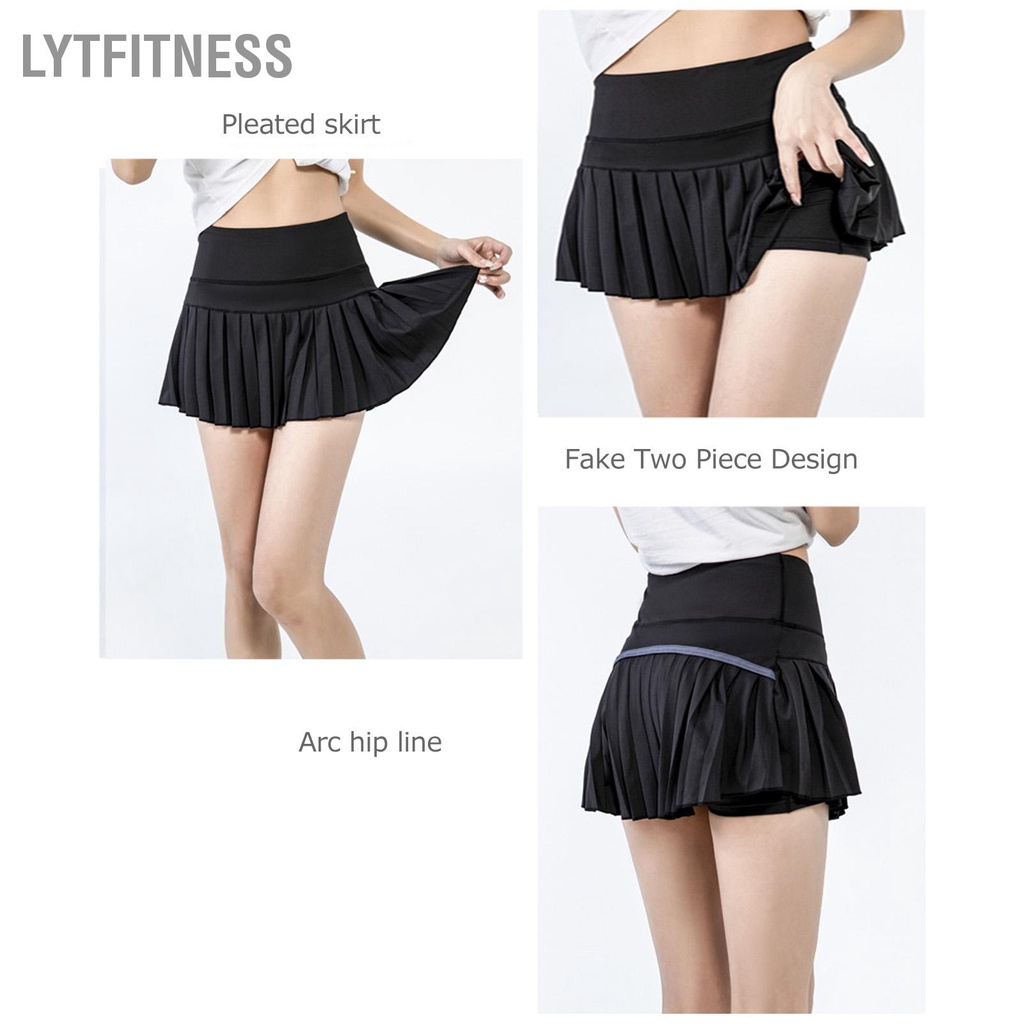 LYTFitness Quần vợt Váy xếp ly thoáng khí bên trong short thời trang Nữ màu đen thể thao với túi để chạy Yoga