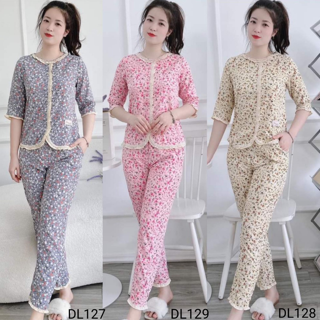 (Bunnysky) ĐỒ BỘ MẶC NHÀ THU ĐÔNG  HỌA TIẾT HOA LÁ VẢI LỤA MỀM MỊN KHÔNG NHĂN